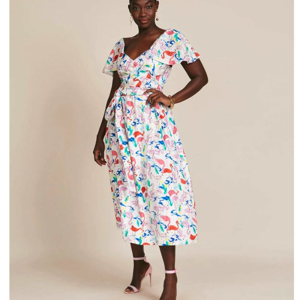 NWT Tanya Taylor Plus-Size Silk Flamingo print Teigan Midi Dress
